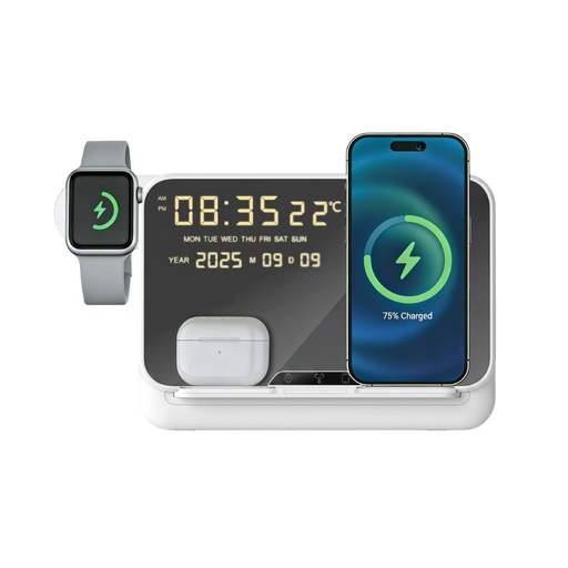 FAROS @memorii 5 in 1 Wireless Fast Charging Station with Display Clock - White