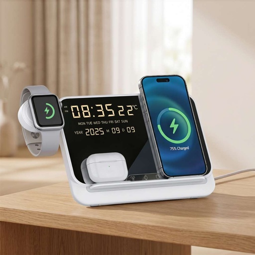 FAROS @memorii 5 in 1 Wireless Fast Charging Station with Display Clock - White