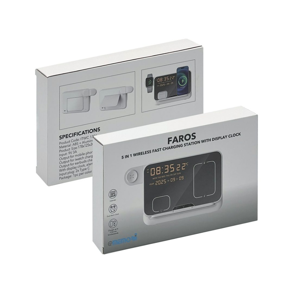 FAROS - @memorii 5 in 1 Wireless Fast Charging Station with Display Clock - White