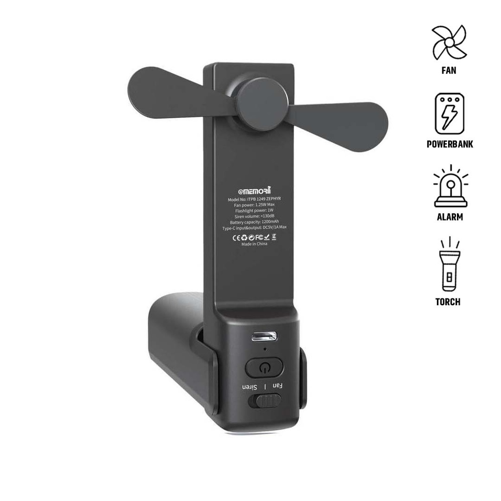 ZEPHYR - @memorii 4-in-1 Fan Powerbank, Safety Alarm & Torch - Black