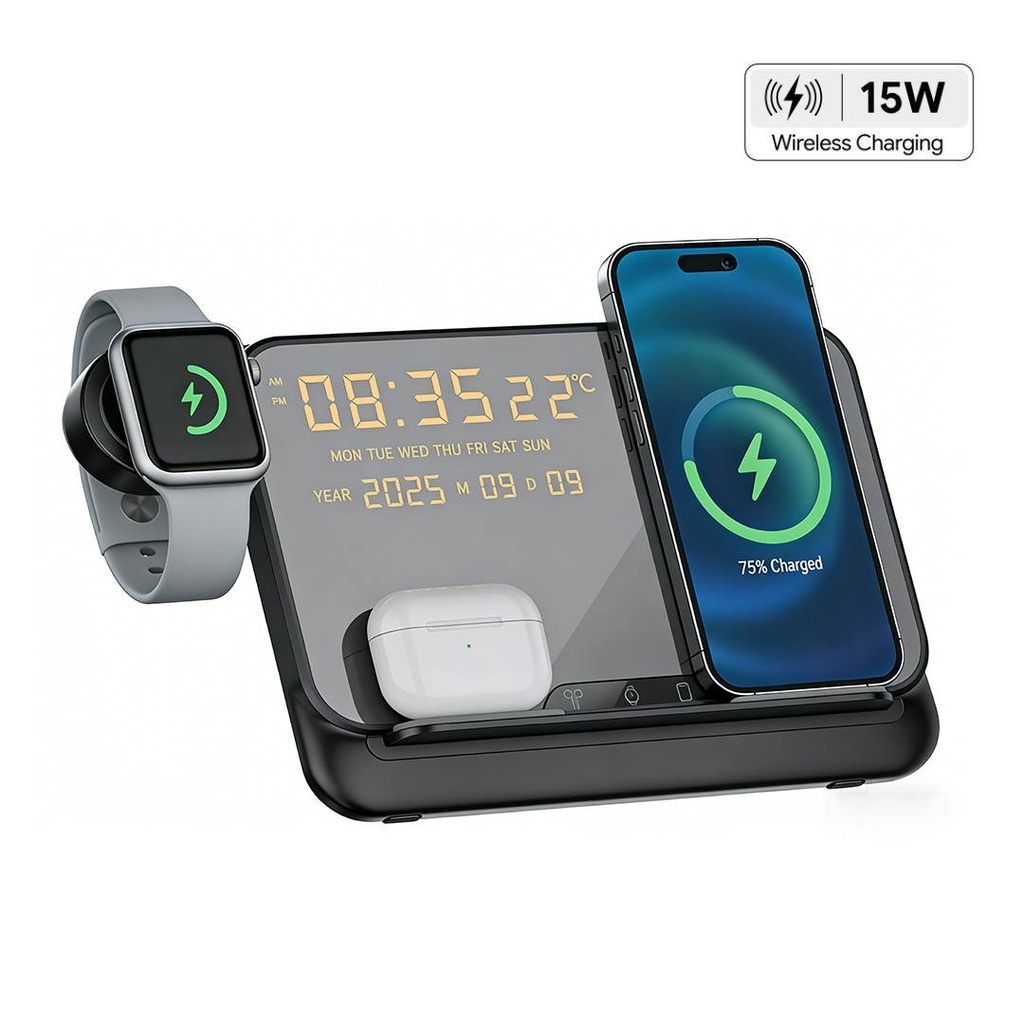 FAROS - @memorii 5 in 1 Wireless Fast Charging Station with Display Clock - Black