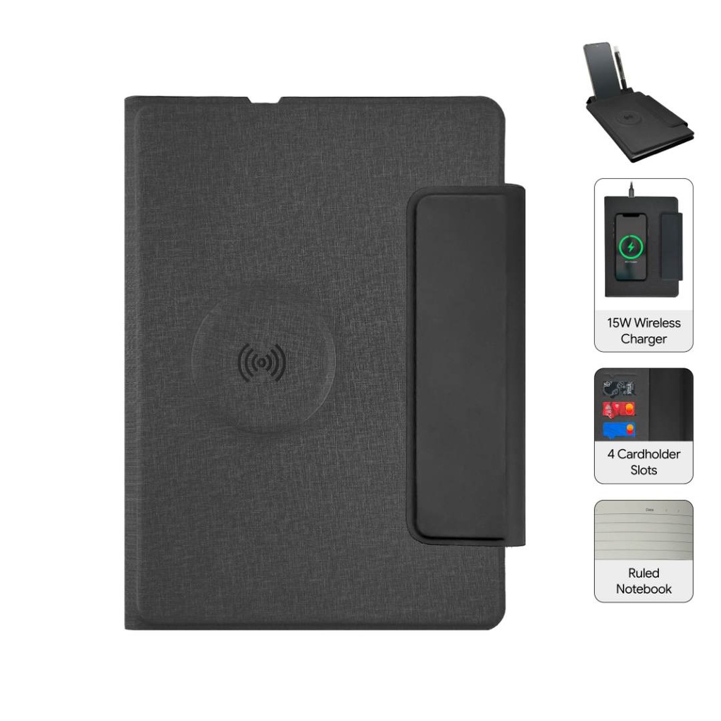 MagFolio - Santhome A5 PU Portfolio with 15W MagSafe Wireless Charger - Black 
