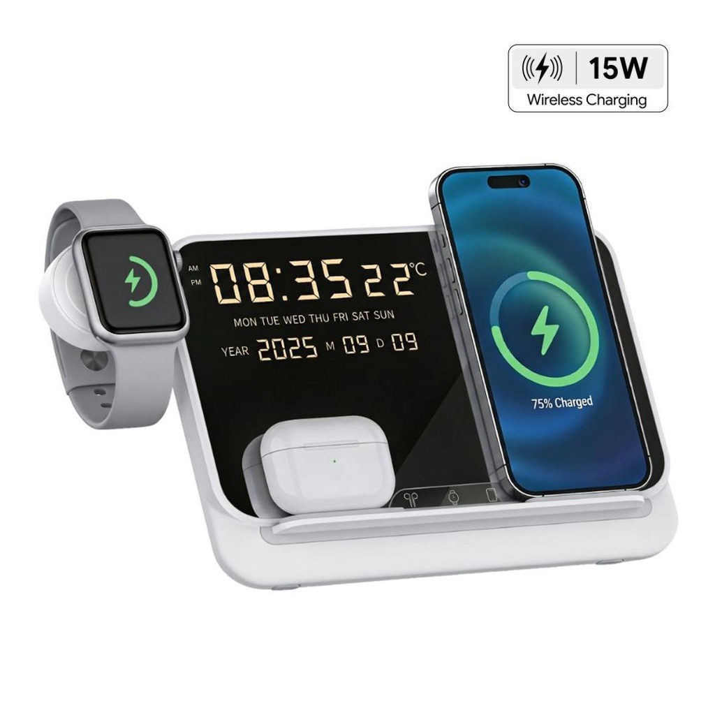 FAROS - @memorii 5 in 1 Wireless Fast Charging Station with Display Clock - White