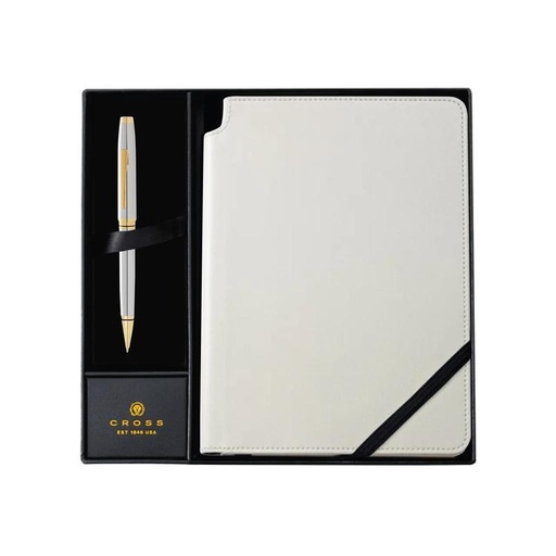 [GSCR 5021] Cross Coventry Chrome/Gold Ballpoint Pen with Classic White Journal Gift Set